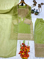 Elegant Green Fendy Silk Dori & Moti Work Suit Set