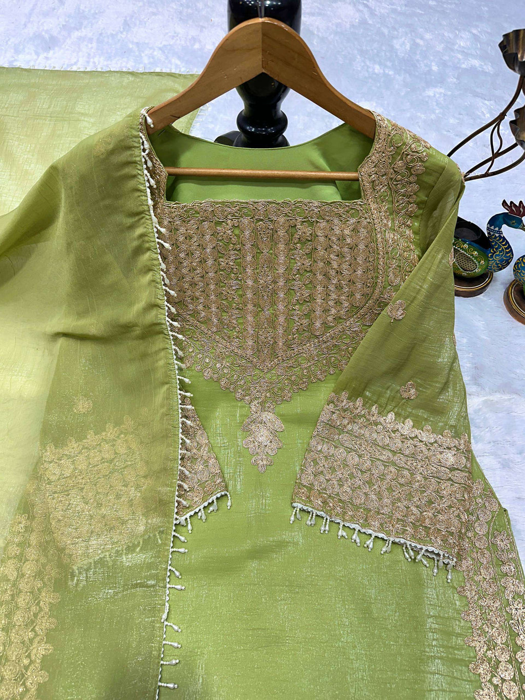 Elegant Green Fendy Silk Dori & Moti Work Suit Set