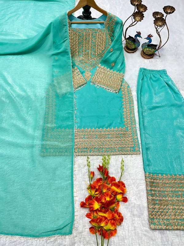 Premium Blue Embroidered Fendy Silk Kurta Plazzo Set