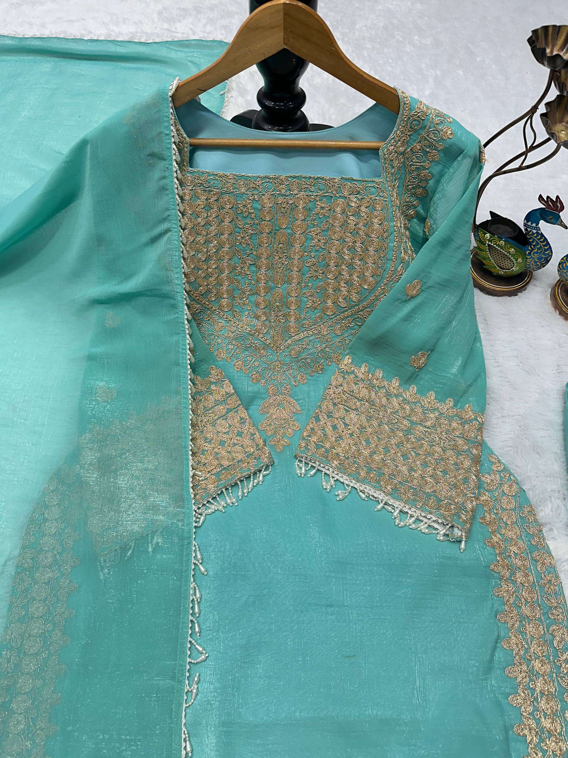 Premium Blue Embroidered Fendy Silk Kurta Plazzo Set