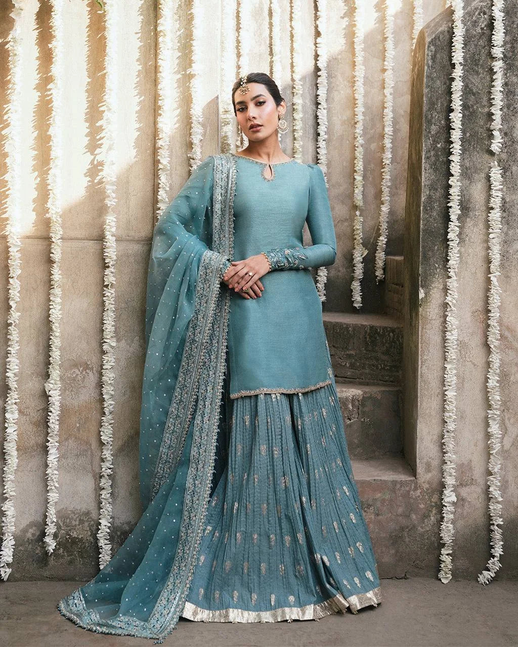 Traditional Embroidered Top Sharara Set with Dupatta