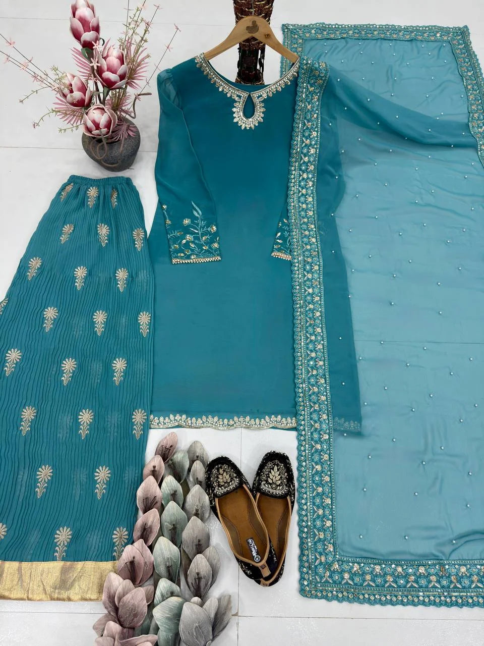 Traditional Embroidered Top Sharara Set with Dupatta