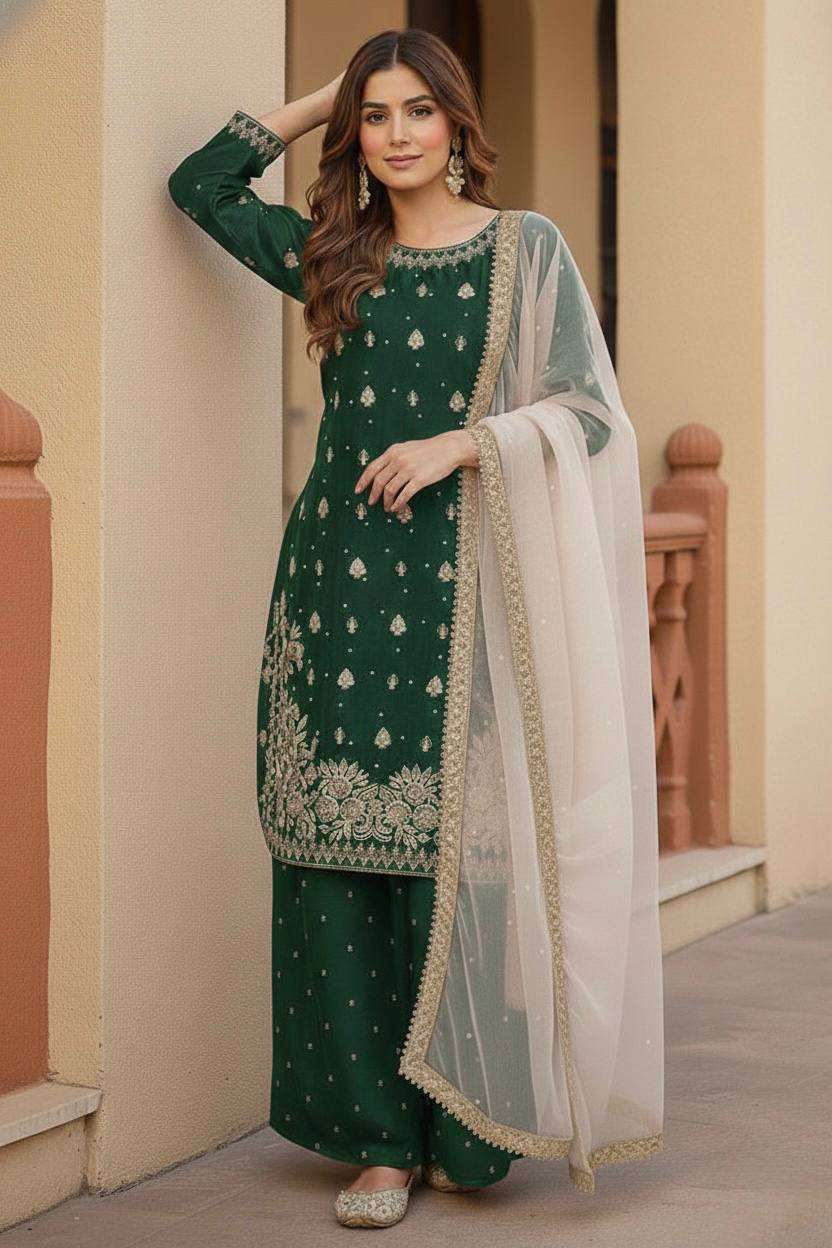Boutique Style Green GMY Silk Handwork Kurta Pant Set