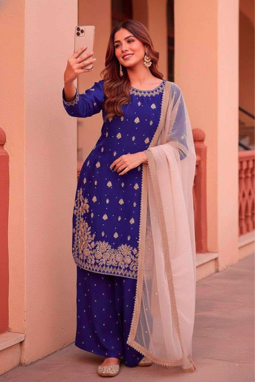 Designer GMY Silk Kurta Pant Set with Rivet Moti Handwork