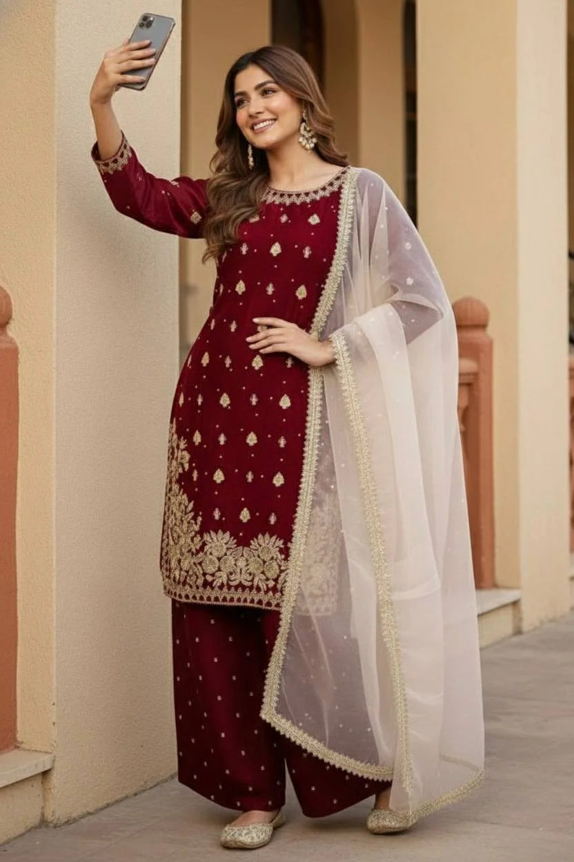 Royal GMY Silk Kurta Pant Set with Pearl & Sequence Detailing