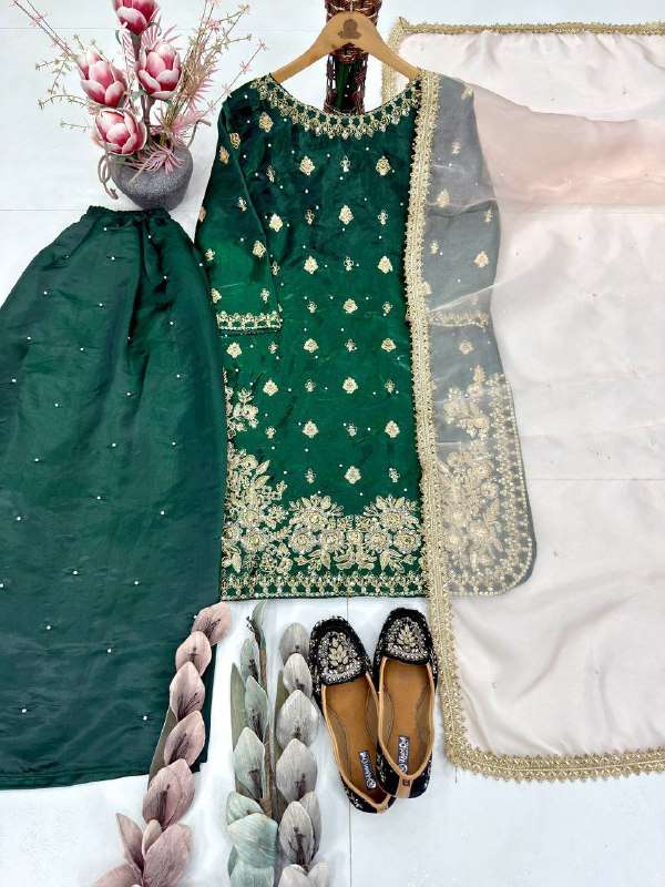 Boutique Style Green GMY Silk Handwork Kurta Pant Set