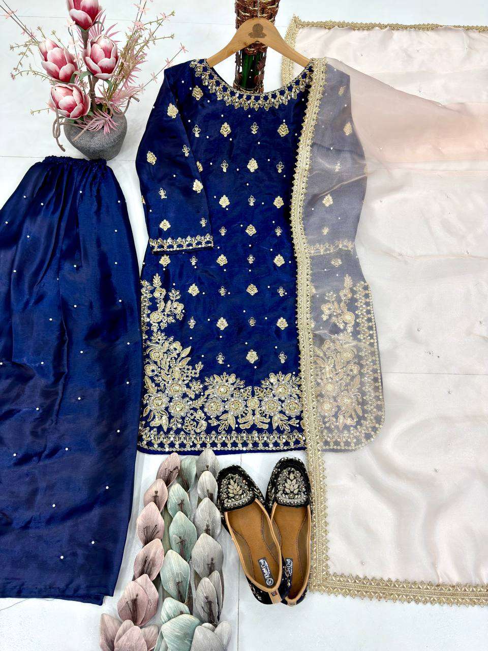 Designer GMY Silk Kurta Pant Set with Rivet Moti Handwork