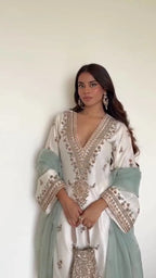 Soft Luxe Elegance: Roman Silk Suit Set with Sequence Embroidery & Organza Dupatta