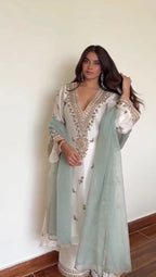 Soft Luxe Elegance: Roman Silk Suit Set with Sequence Embroidery & Organza Dupatta