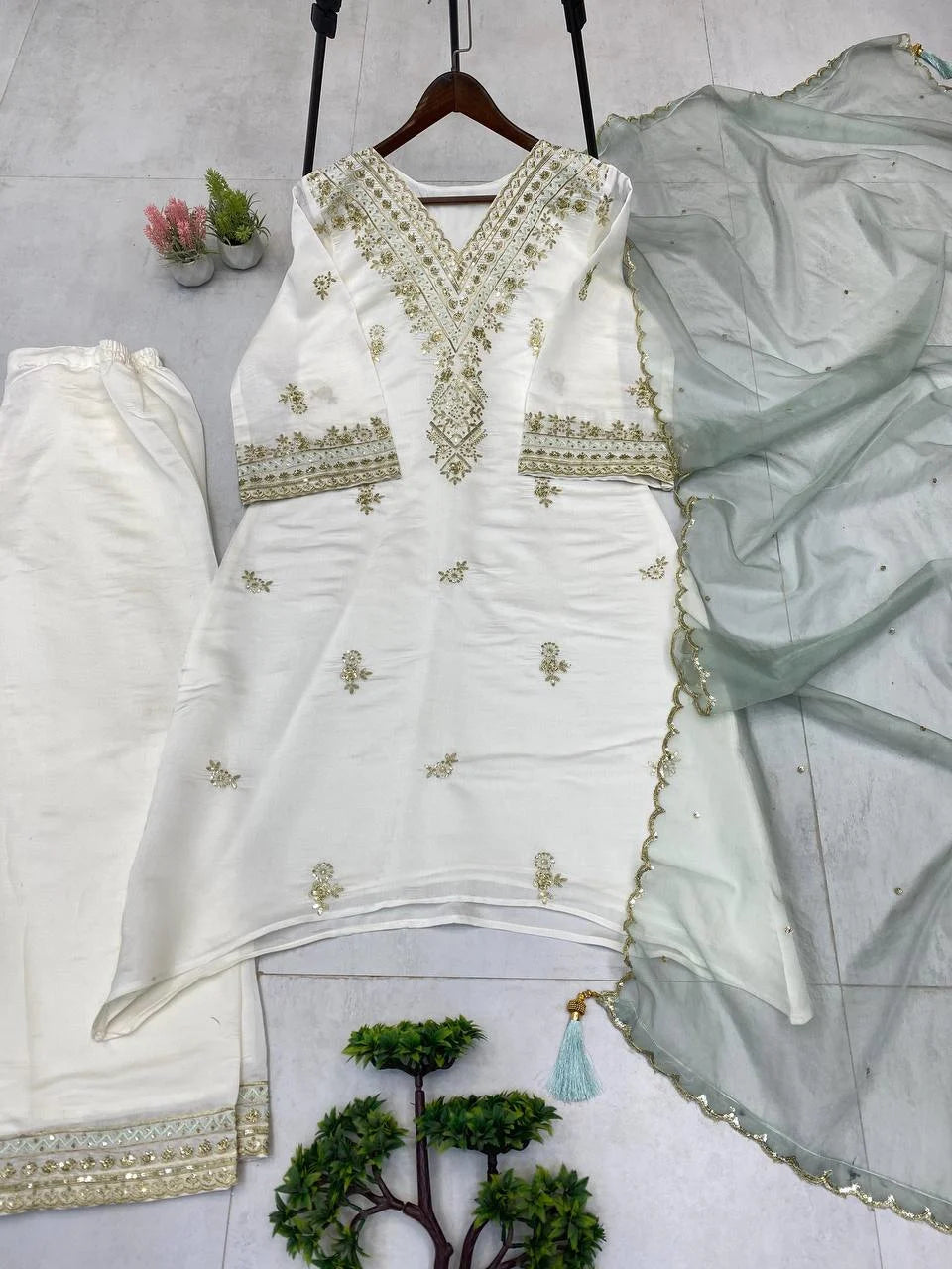 Soft Luxe Elegance: Roman Silk Suit Set with Sequence Embroidery & Organza Dupatta