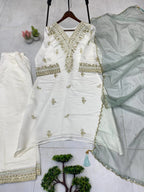 Soft Luxe Elegance: Roman Silk Suit Set with Sequence Embroidery & Organza Dupatta