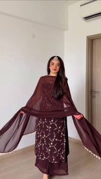 Rich Marron Thread And Sequence Work Kurti Pant With Dupatta For Special Occasions