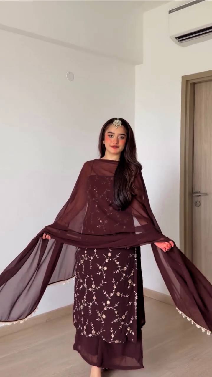 Rich Marron Thread And Sequence Work Kurti Pant With Dupatta For Special Occasions