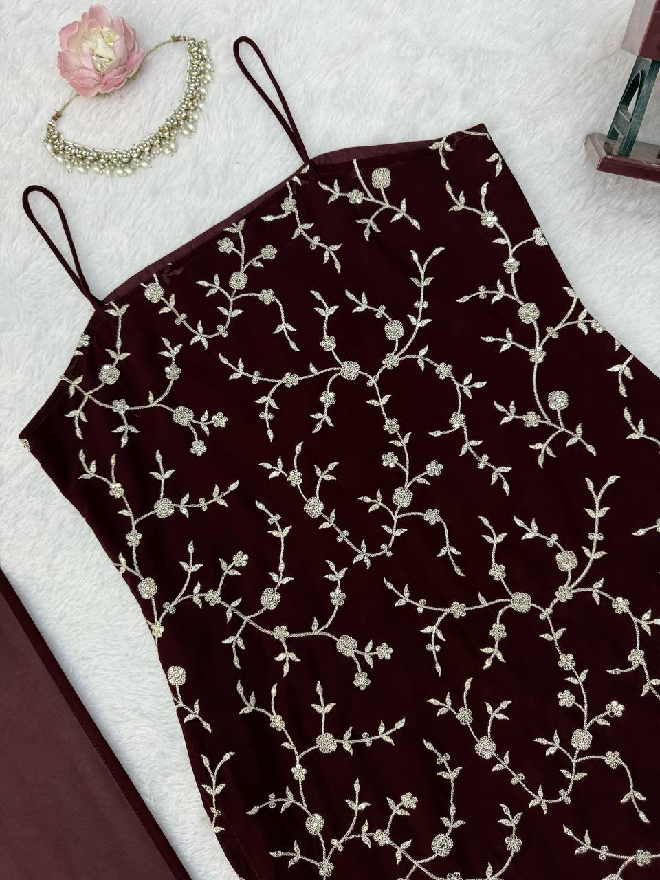 Rich Marron Thread And Sequence Work Kurti Pant With Dupatta For Special Occasions