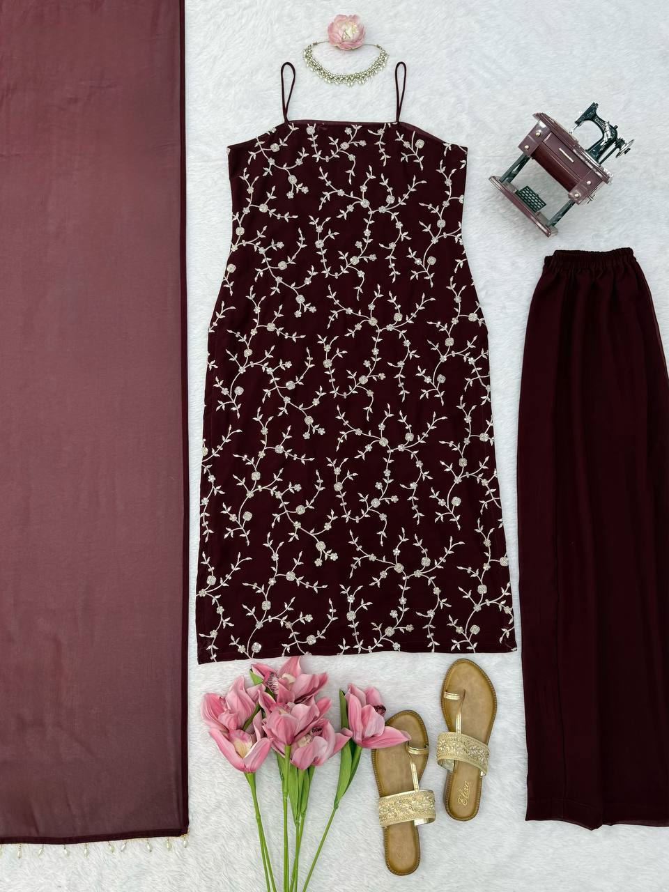 Rich Marron Thread And Sequence Work Kurti Pant With Dupatta For Special Occasions