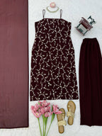Rich Marron Thread And Sequence Work Kurti Pant With Dupatta For Special Occasions