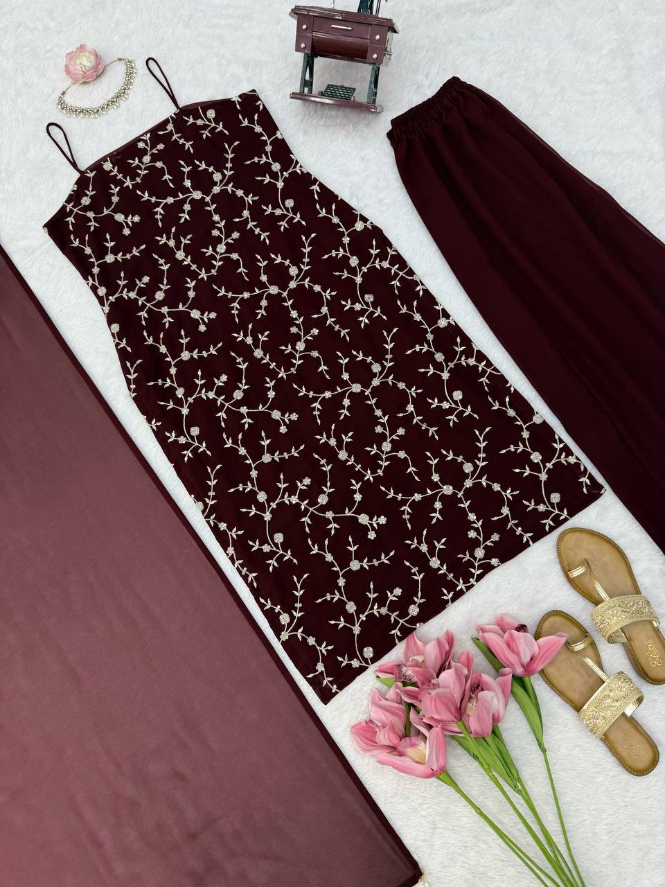 Rich Marron Thread And Sequence Work Kurti Pant With Dupatta For Special Occasions