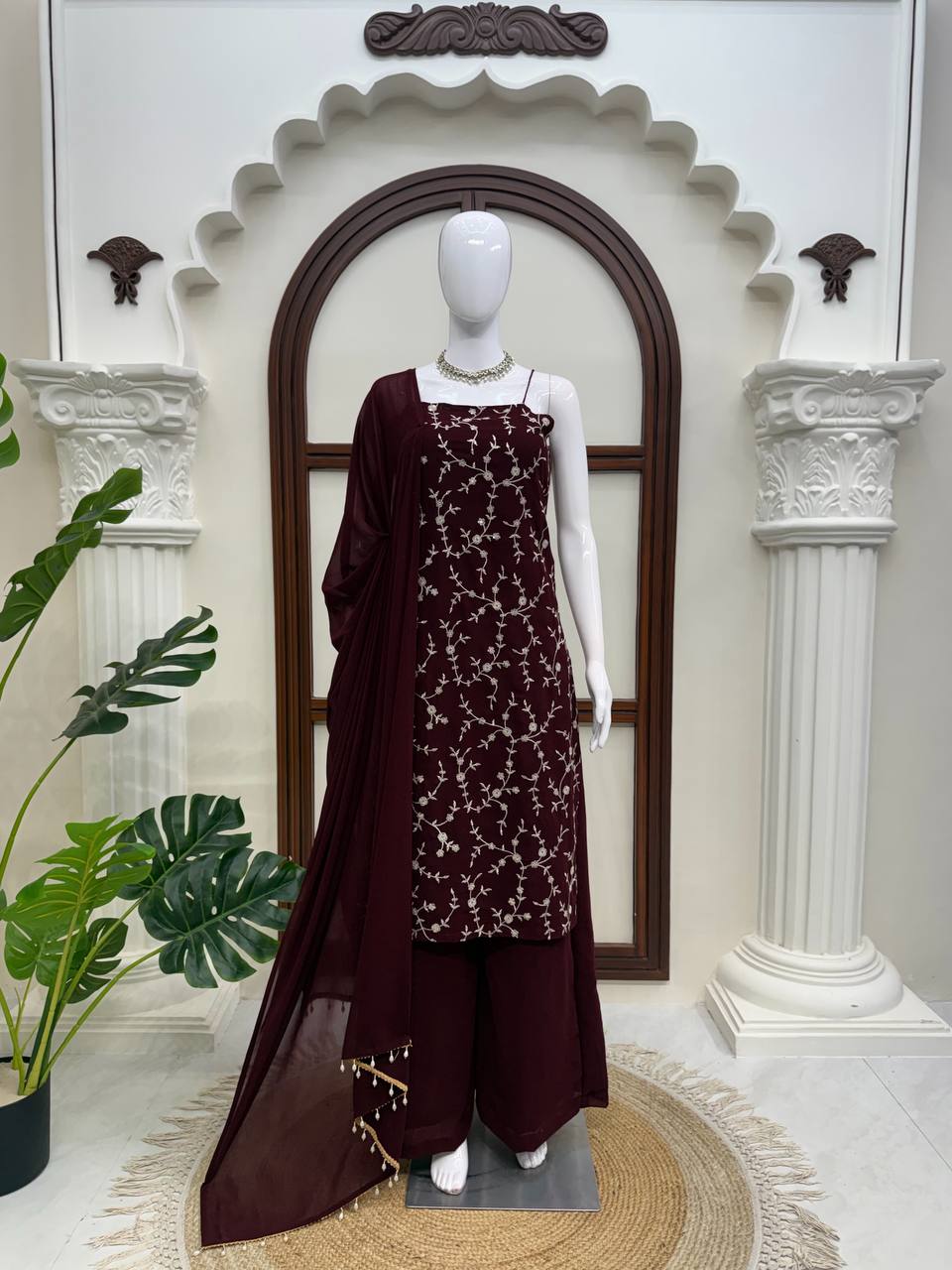 Rich Marron Thread And Sequence Work Kurti Pant With Dupatta For Special Occasions
