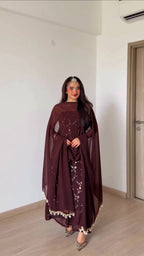 Rich Marron Thread And Sequence Work Kurti Pant With Dupatta For Special Occasions