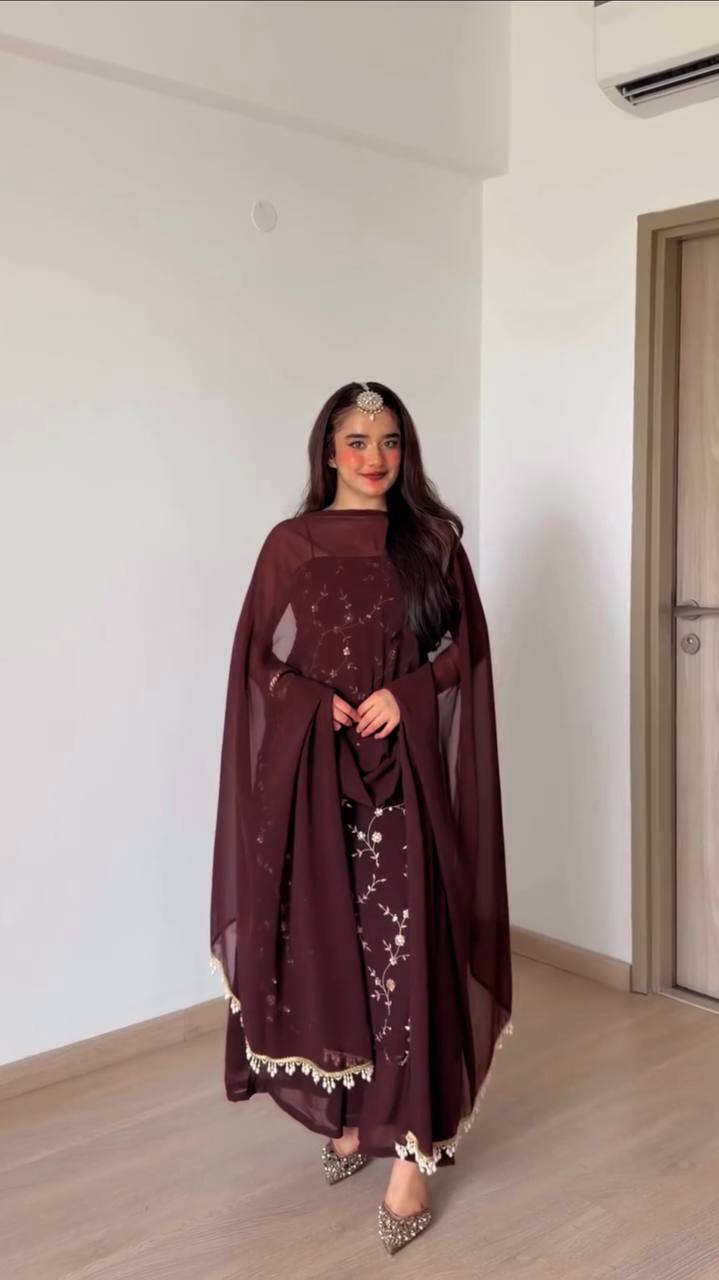 Rich Marron Thread And Sequence Work Kurti Pant With Dupatta For Special Occasions