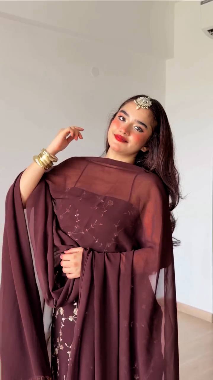 Rich Marron Thread And Sequence Work Kurti Pant With Dupatta For Special Occasions
