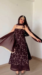 Rich Marron Thread And Sequence Work Kurti Pant With Dupatta For Special Occasions