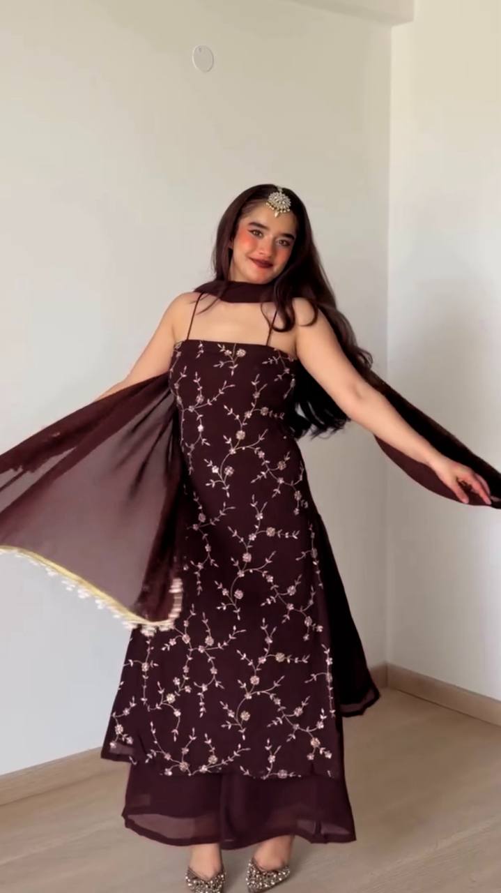 Rich Marron Thread And Sequence Work Kurti Pant With Dupatta For Special Occasions