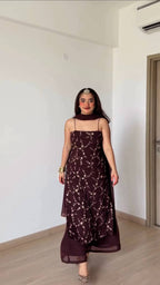 Rich Marron Thread And Sequence Work Kurti Pant With Dupatta For Special Occasions