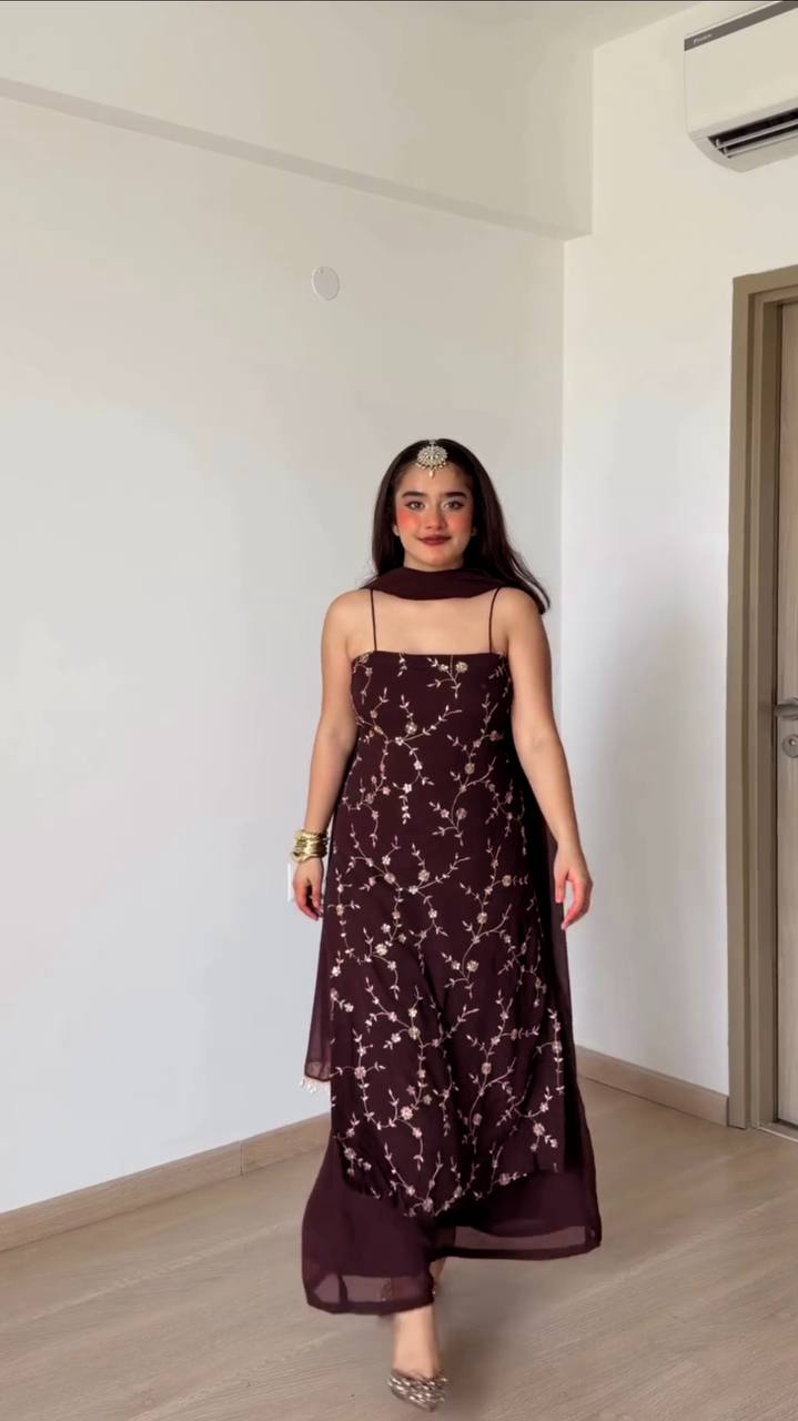 Rich Marron Thread And Sequence Work Kurti Pant With Dupatta For Special Occasions