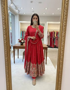 Luxury Chinon Silk Embroidered Gown Set with Pant & Dupatta