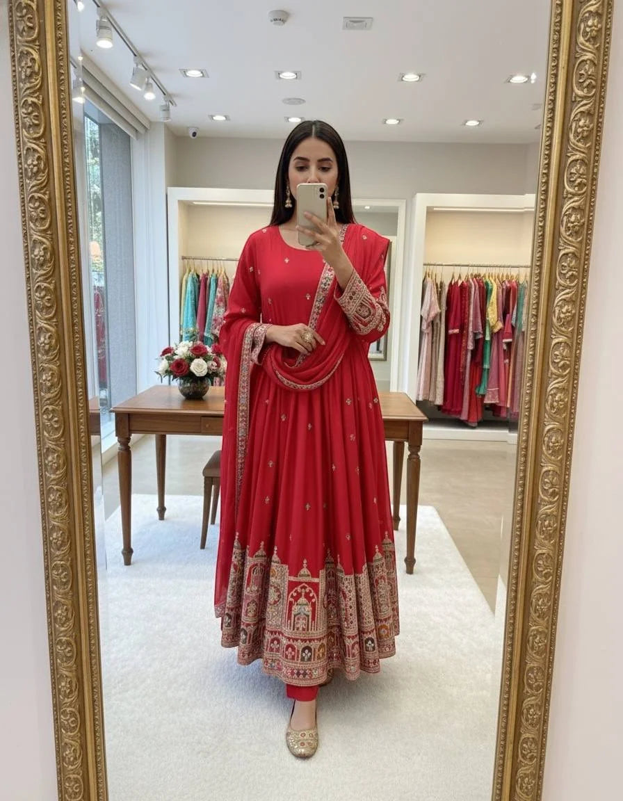 Luxury Chinon Silk Embroidered Gown Set with Pant & Dupatta