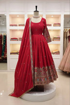 Luxury Chinon Silk Embroidered Gown Set with Pant & Dupatta