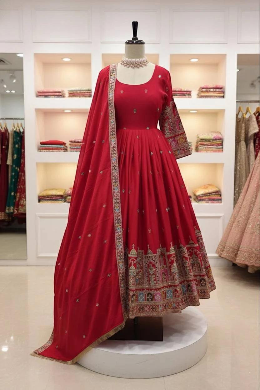 Luxury Chinon Silk Embroidered Gown Set with Pant & Dupatta