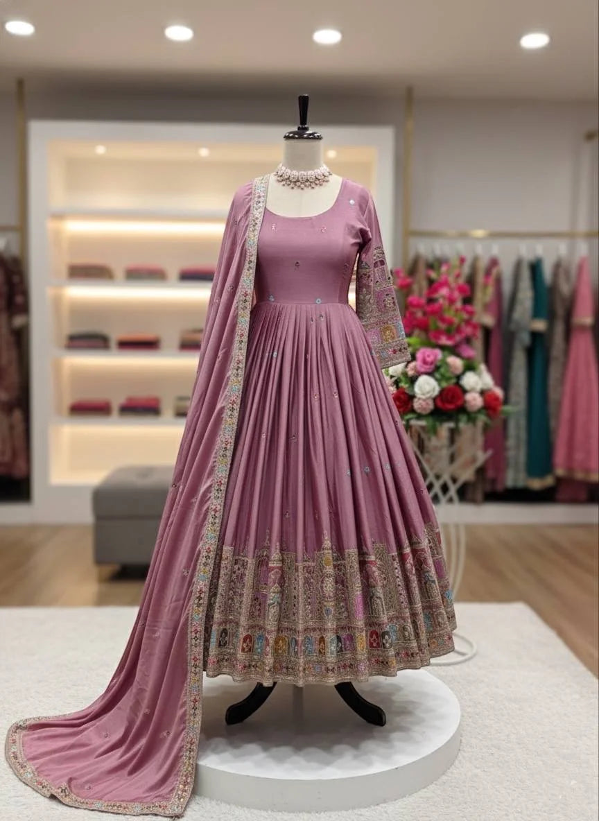 Luxury Chinon Silk Embroidered Gown Set with Pant & Dupatta