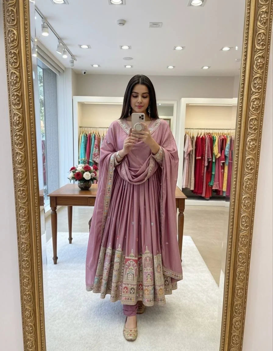 Luxury Chinon Silk Embroidered Gown Set with Pant & Dupatta