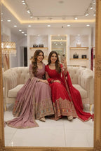 Luxury Chinon Silk Embroidered Gown Set with Pant & Dupatta
