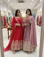 Luxury Chinon Silk Embroidered Gown Set with Pant & Dupatta
