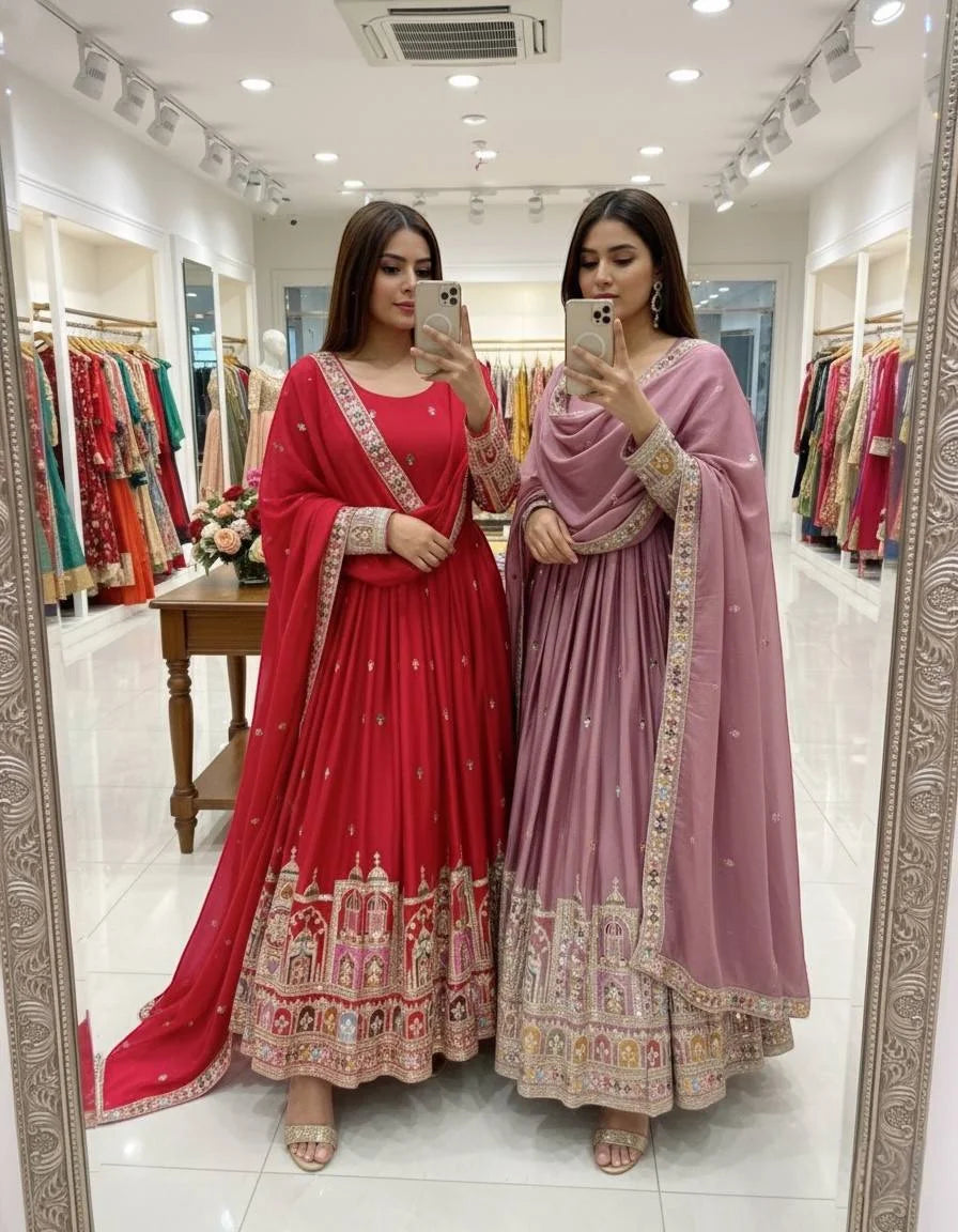 Luxury Chinon Silk Embroidered Gown Set with Pant & Dupatta