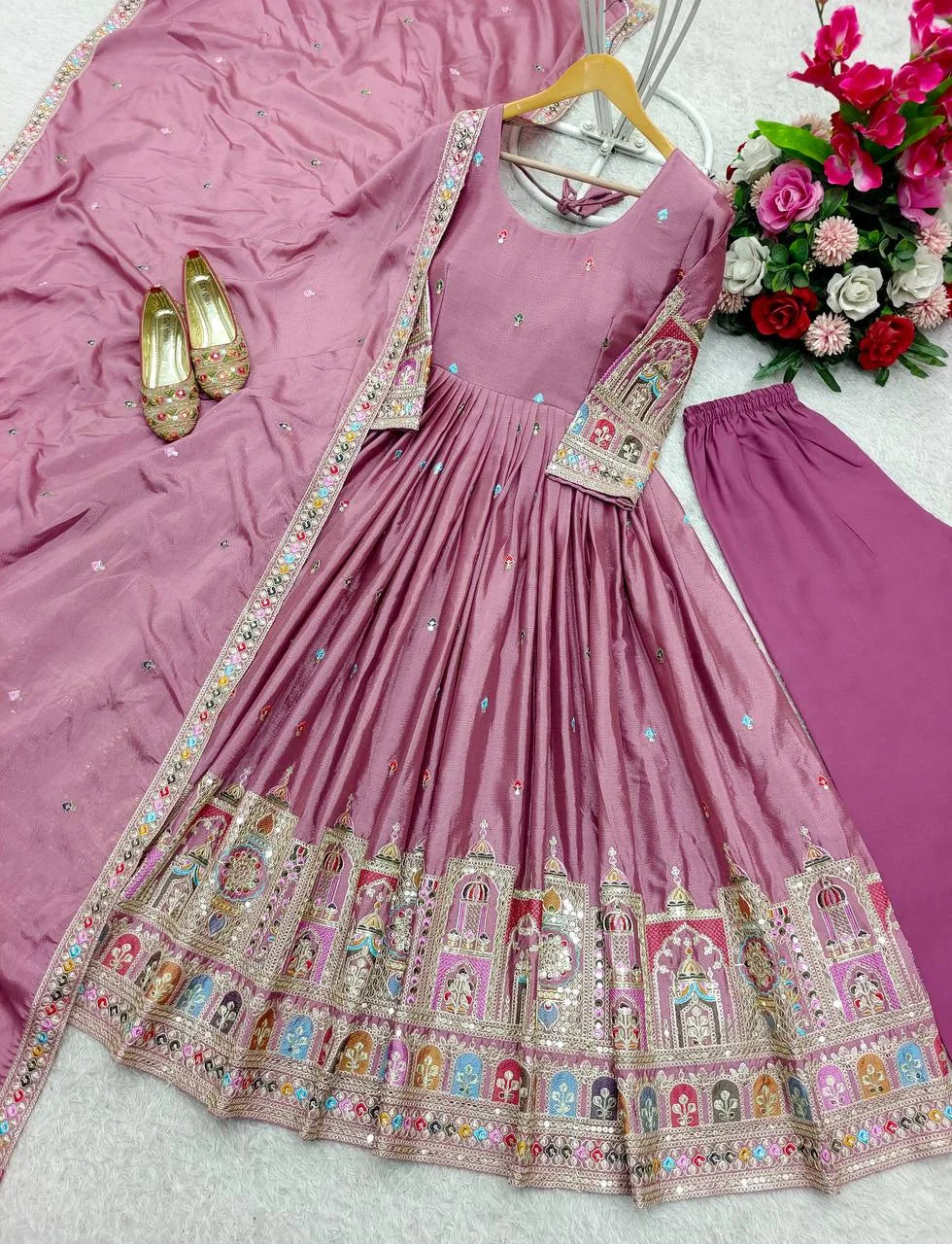 Luxury Chinon Silk Embroidered Gown Set with Pant & Dupatta