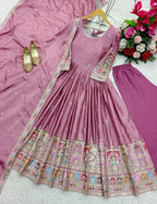 Luxury Chinon Silk Embroidered Gown Set with Pant & Dupatta