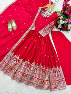 Luxury Chinon Silk Embroidered Gown Set with Pant & Dupatta