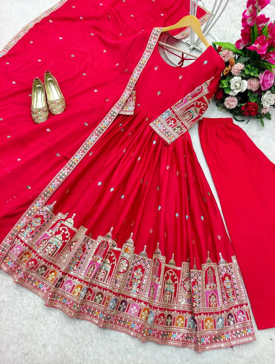 Luxury Chinon Silk Embroidered Gown Set with Pant & Dupatta