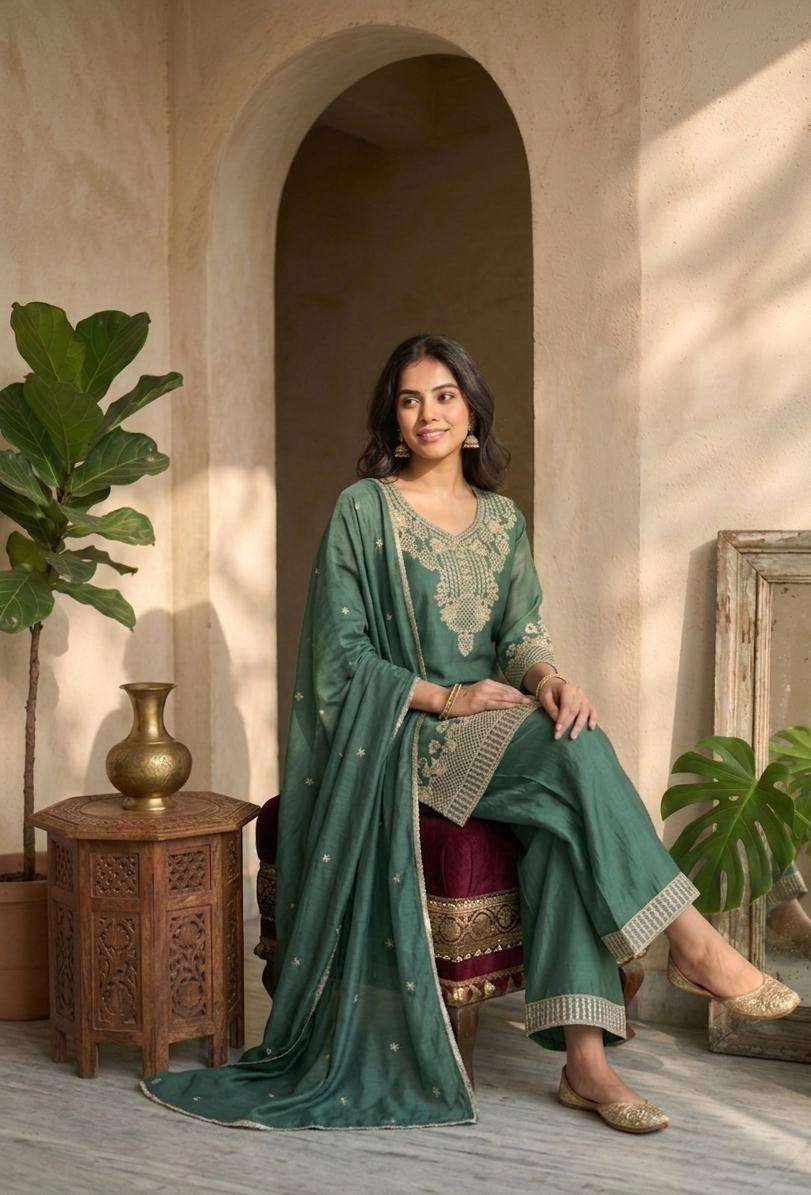 New Arrival Green Eid Wear Kurta Palazzo Dupatta Set for Women