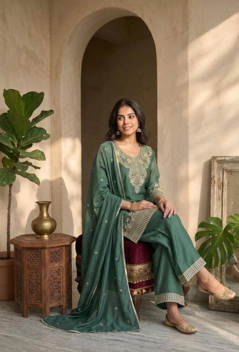 New Arrival Green Eid Wear Kurta Palazzo Dupatta Set for Women