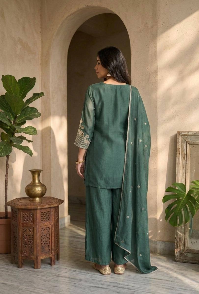 New Arrival Green Eid Wear Kurta Palazzo Dupatta Set for Women