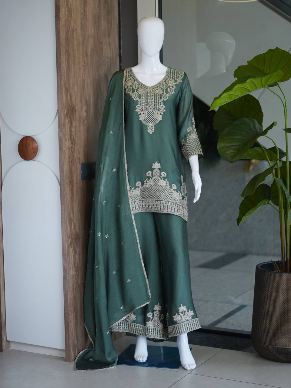 New Arrival Green Eid Wear Kurta Palazzo Dupatta Set for Women