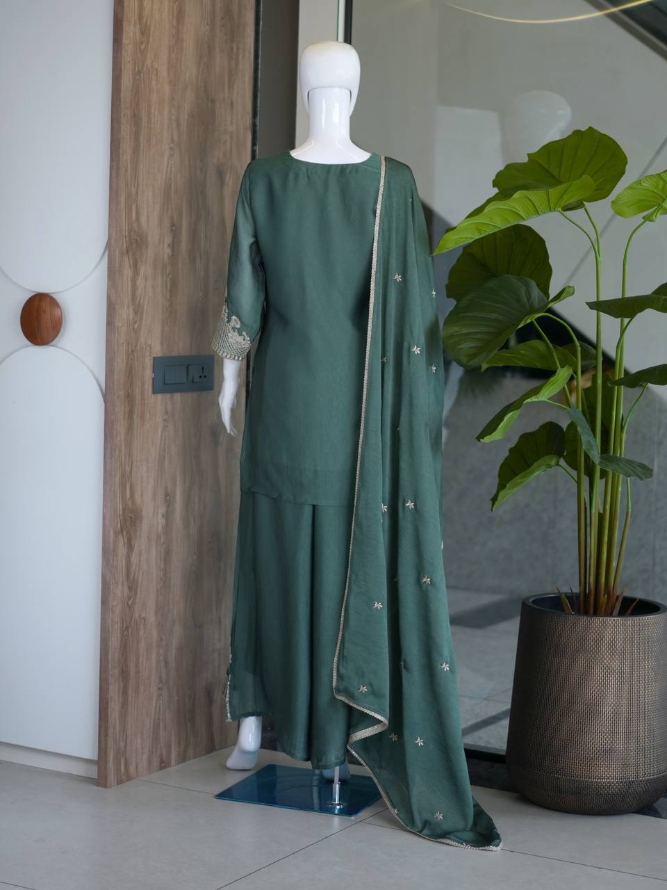 New Arrival Green Eid Wear Kurta Palazzo Dupatta Set for Women