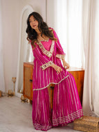 Rani Pink Festive Kurti Sharara Set with Golden Stripes & Mirror Work