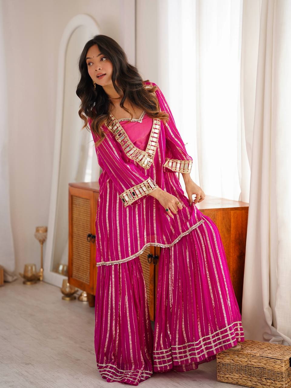 Rani Pink Festive Kurti Sharara Set with Golden Stripes & Mirror Work