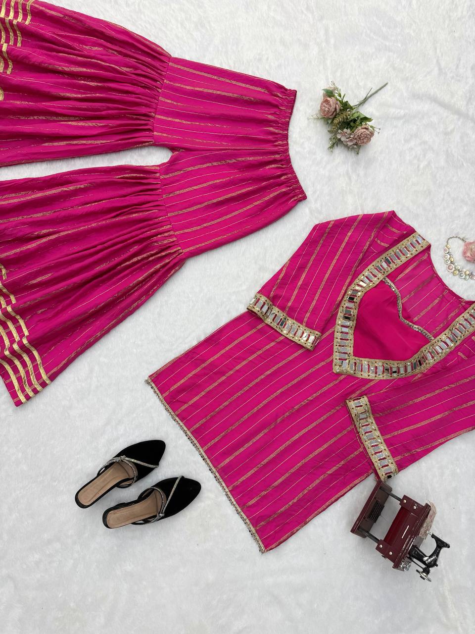 Rani Pink Festive Kurti Sharara Set with Golden Stripes & Mirror Work